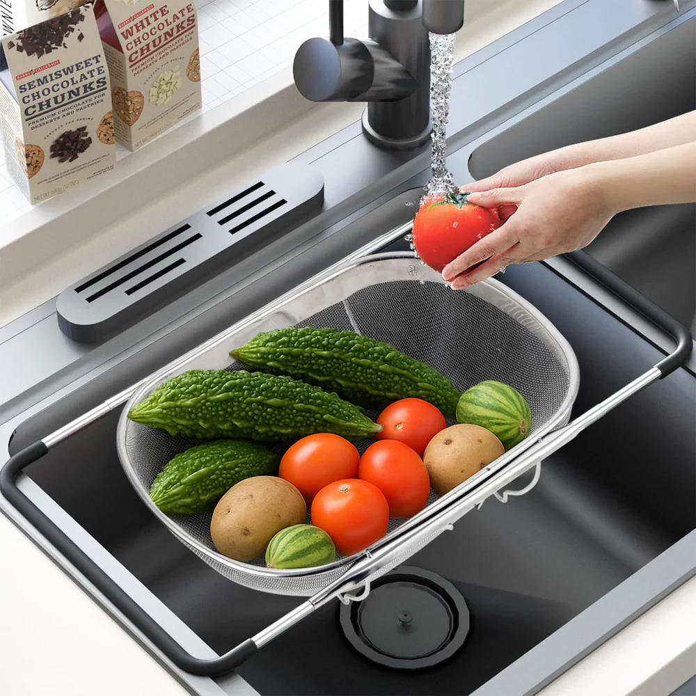 Fine Mesh 6 Quart Over The Sink Colander Stainless Steel with Expandable Rubber Grip Handles | Fruits and Vegetable Washing Basket | Food Strainer Basket for Kitchen | Silver